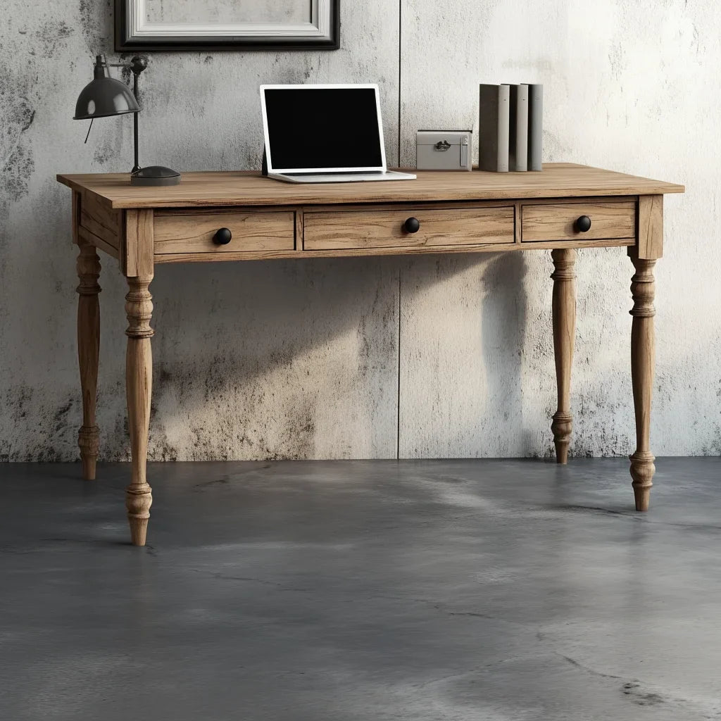 Wooden Writing Desk Turned Legs Three Drawer Classic Design