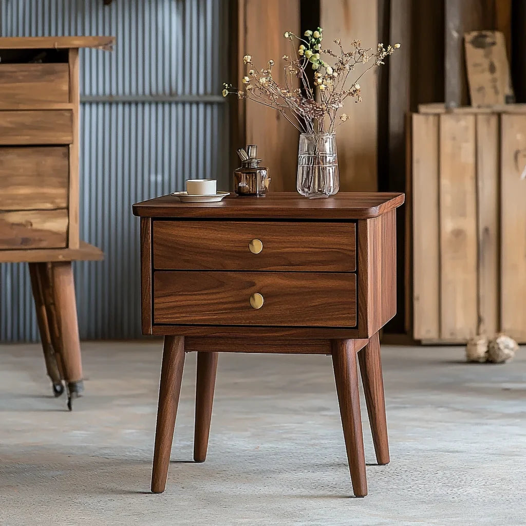 Wooden Nightstand Two Drawer Compact Mid Century Style