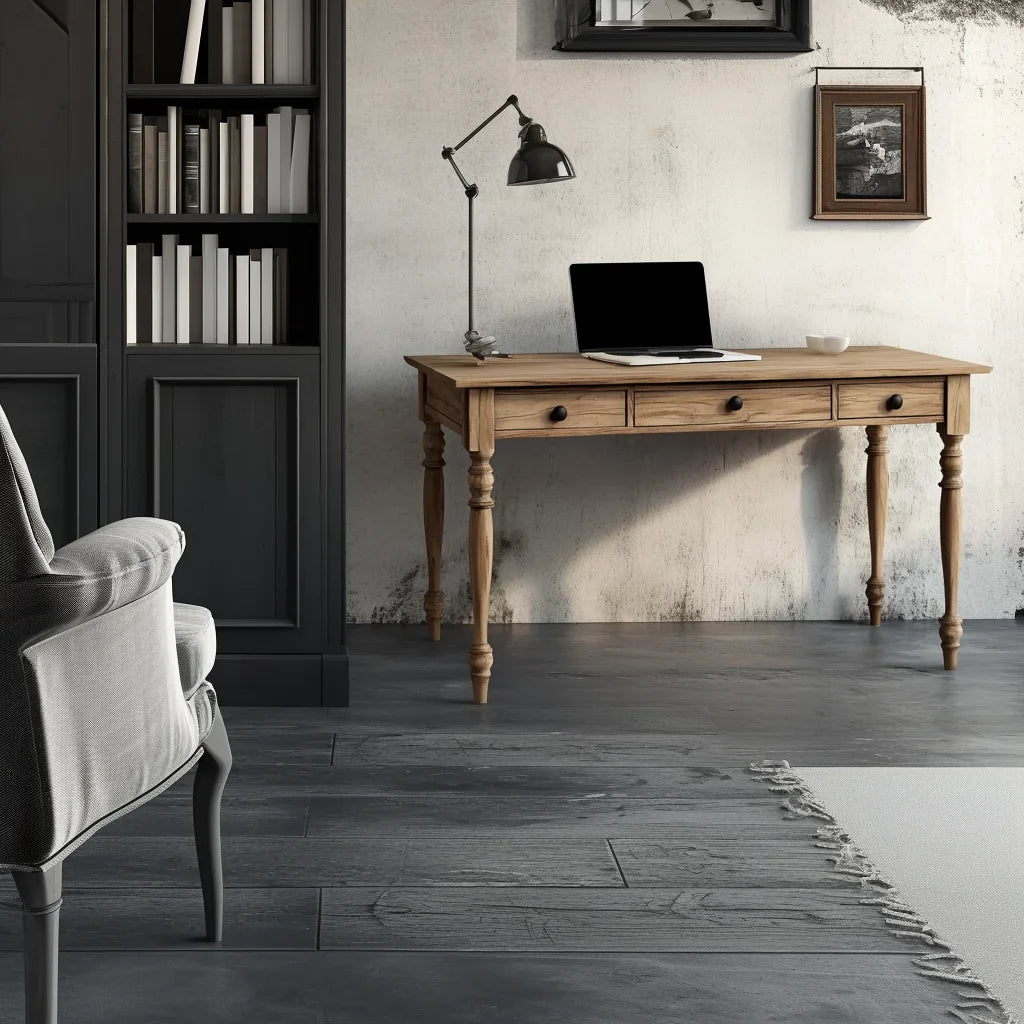Wooden Writing Desk Turned Legs Three Drawer Classic Design