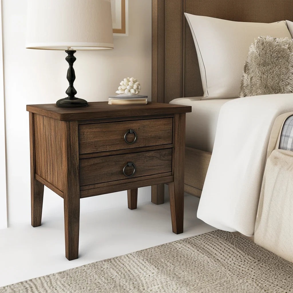 Rustic Wooden Nightstand Two Drawer Storage Accent Table