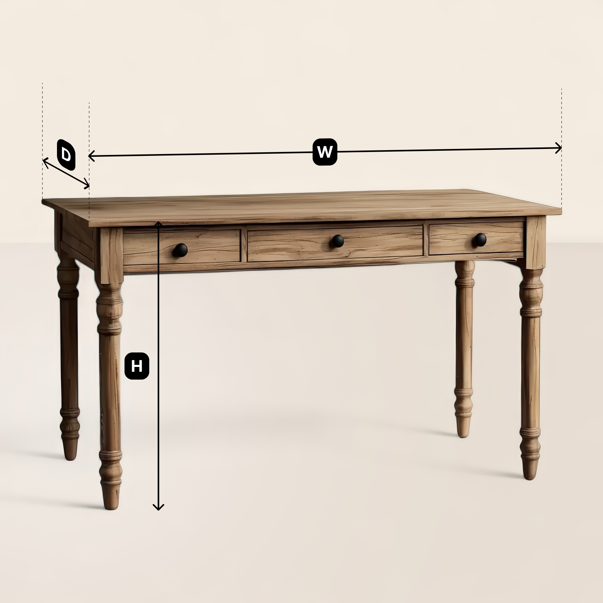 Wooden Writing Desk Turned Legs Three Drawer Classic Design