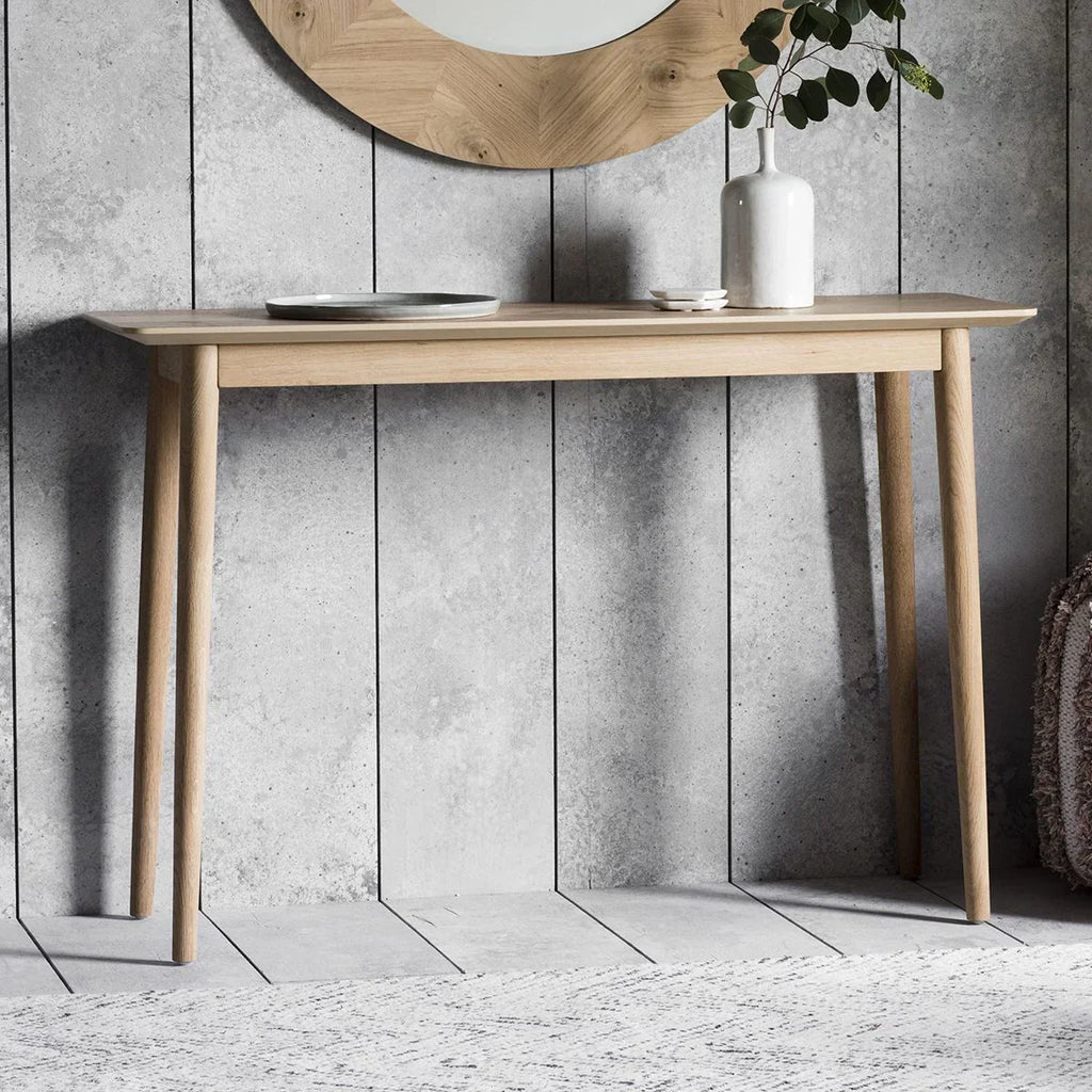 Scandinavian Console Table with tapered legs and slim design