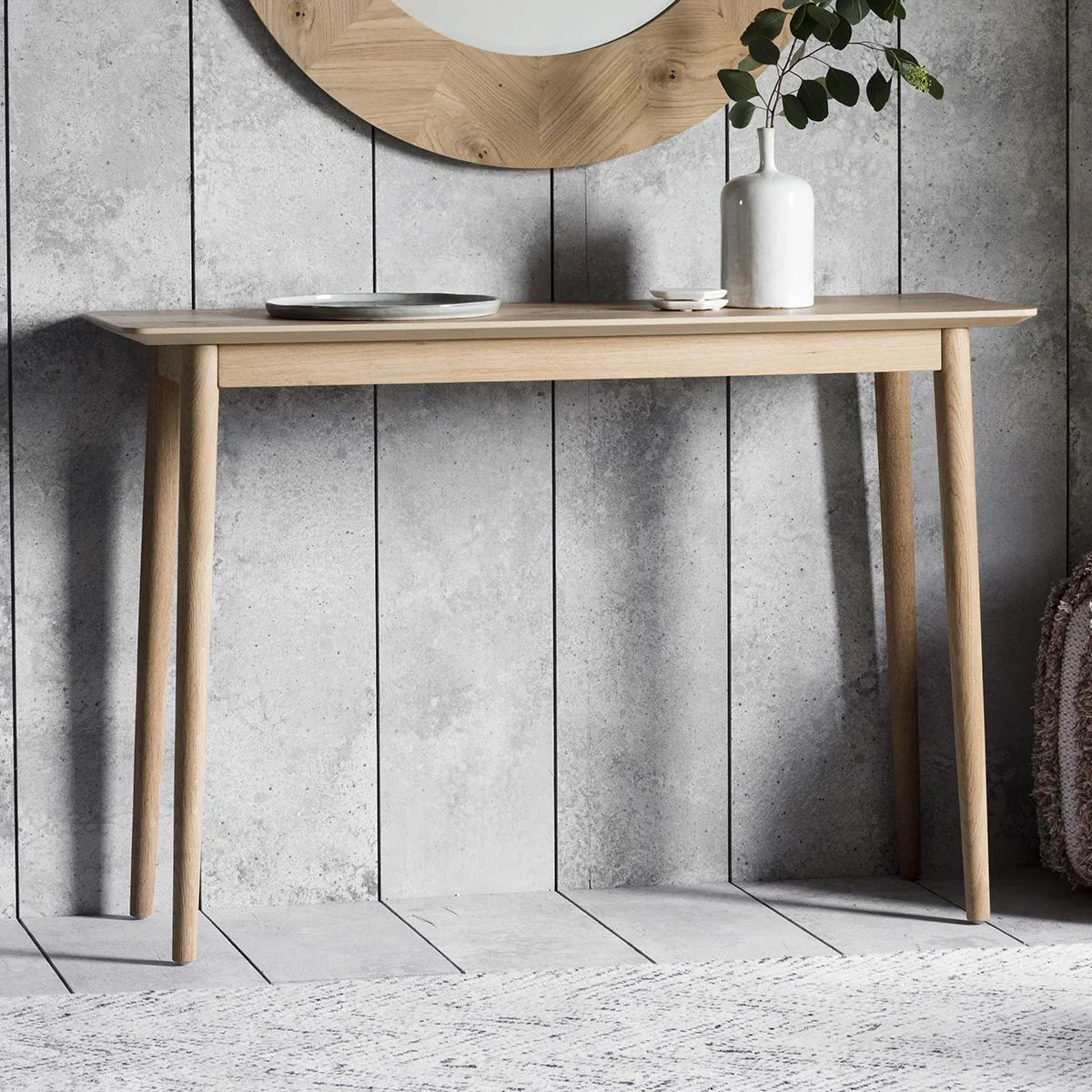 Scandinavian Console Table with tapered legs and slim design
