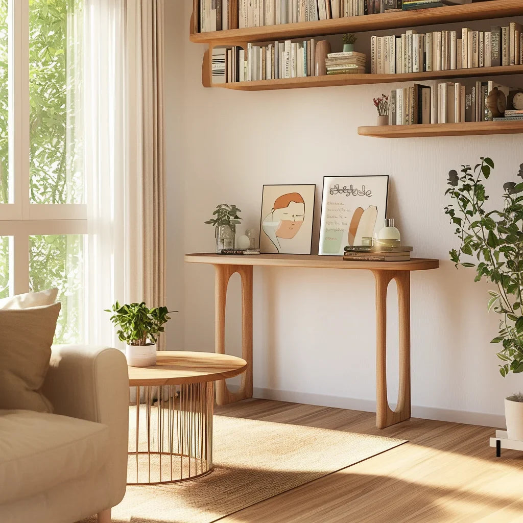 Sculpted Console Table with cut-out legs styled in a cozy modern living room