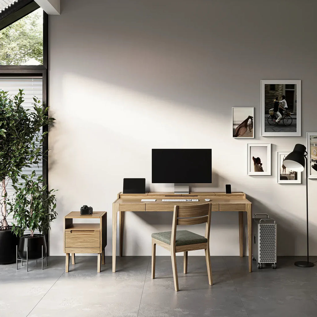 Smart Office Desk with built-in storage compartments and device slots in a modern workspace setting