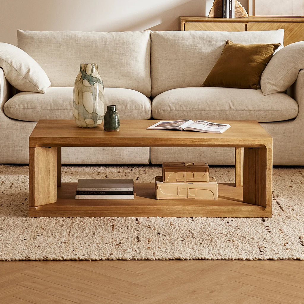 Spacious rectangular coffee table and lower storage shelf for a clutter free space