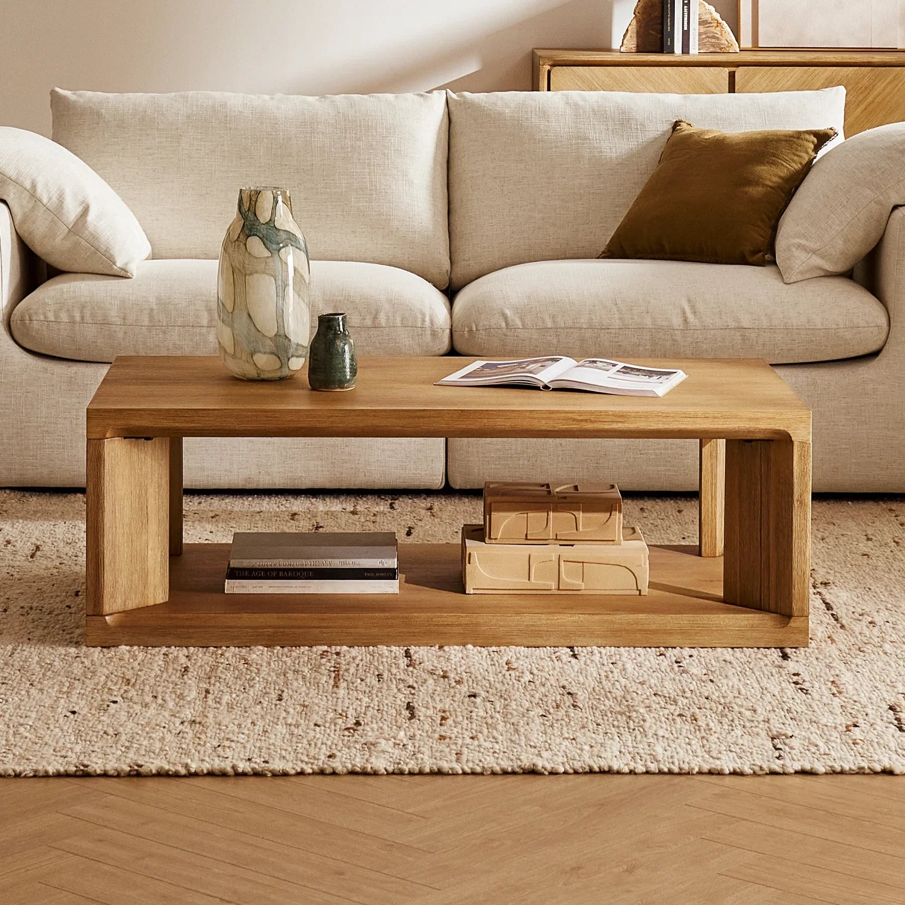 Spacious rectangular coffee table and lower storage shelf for a clutter free space
